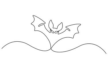Continuous single line sketch drawing of flying bat creepy horror halloween animal nocturnal mammal comic hero one line concept vector illustration