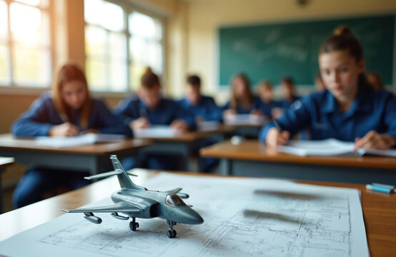 Young aviation students in uniform study flight mechanics in classroom. Model airplanes on desks symbolize passion for aeronautical education. Teamwork, discipline, preparation for aerospace careers - Powered by Adobe