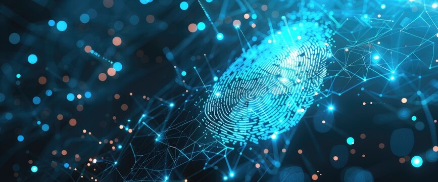 F/embed digital fingerprint, biometric security technology background vector banner with blue color theme and black background