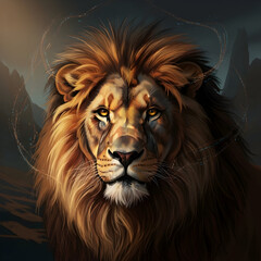 Naklejka premium A majestic lion's head, rendered with meticulous detail and warm hues, gazes intensely into the distance against a dramatic, shadowy backdrop.