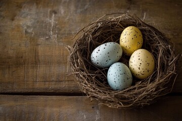 Obraz premium Easter eggs in nest on rustic wooden table