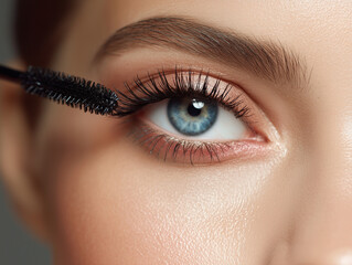 Woman applying mascara to eyelashes, makeup beauty concept