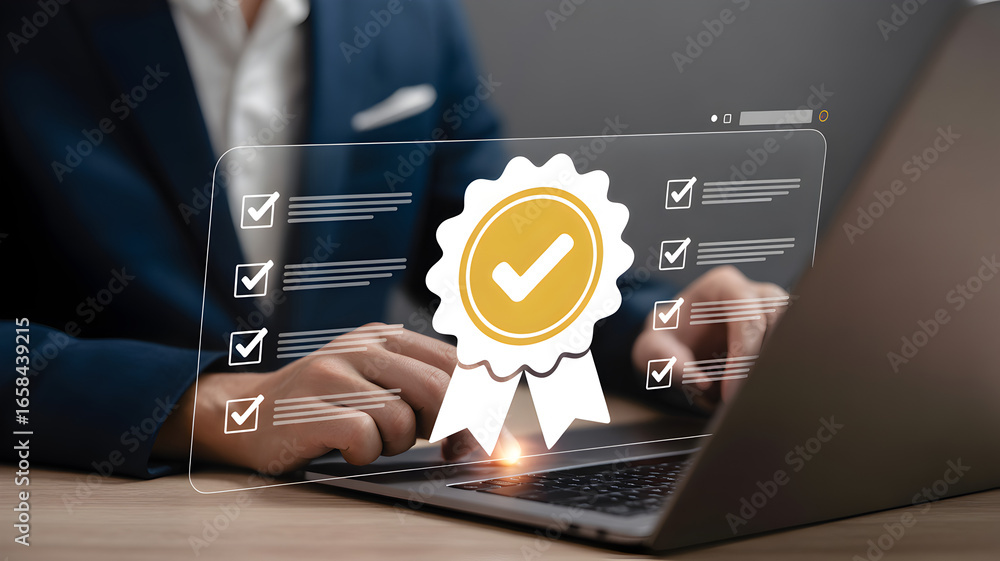 Poster iso certification and quality assurance, businessman working with computer and tablet, symbolizing c