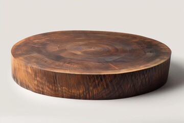 Empty wooden cutting board with tree rings on gray background, creating rustic kitchen atmosphere