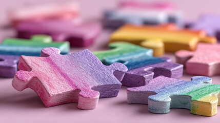 Colorful puzzle pieces scattered on a pink surface in soft focus