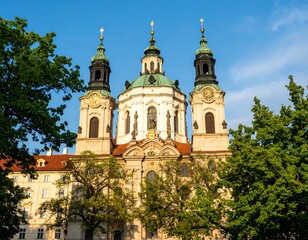 Fototapeta premium Majestic Baroque Church Facade with Green Domes and Clock Towers Under Blue Sky.