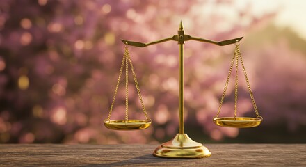 Scales of justice on wooden surface