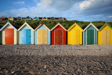 Vibrant beach huts line a sandy shore, creating a cheerful scene against the backdrop of a blue sky with fluffy clouds