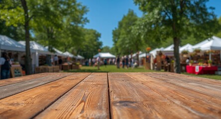 Fototapeta premium Wooden Table at a Summer Outdoor Market with People and Tents, Clear Blue Sky.