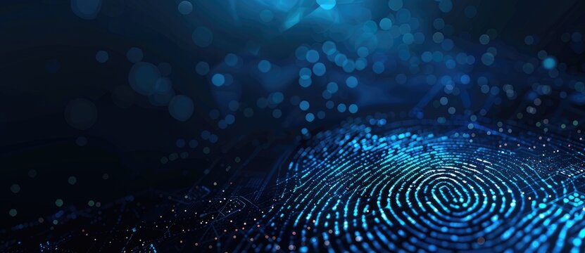 F/embed digital fingerprint, biometric security technology background vector banner with blue color theme and black background
