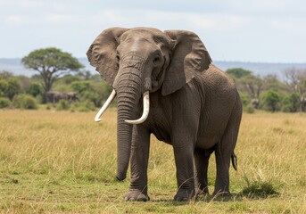 Obraz premium A large African elephant roaming freely in the Serengeti savannah, golden dry grassland with scattered acacia trees, distant hills, clear blue sky with soft clouds, realistic wildlife photography, hig