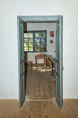 old classroom with wooden furniture