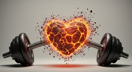 A fiery heart-shaped object is positioned between two metal dumbbells, symbolizing the connection between fitness and heart health.