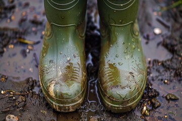 Green wellington boots covered in mud standing in puddle after rain