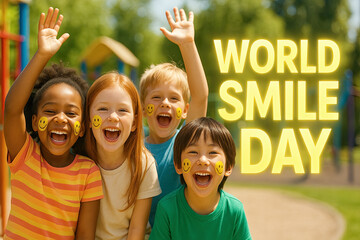 Group of joyful children celebrating World Smile Day with painted faces and bright smiles