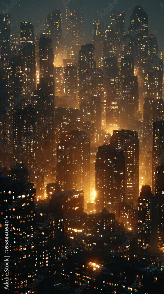 Poster a sprawling city skyline illuminated by countless lights at dusk, creating a vibrant yet mysterious 