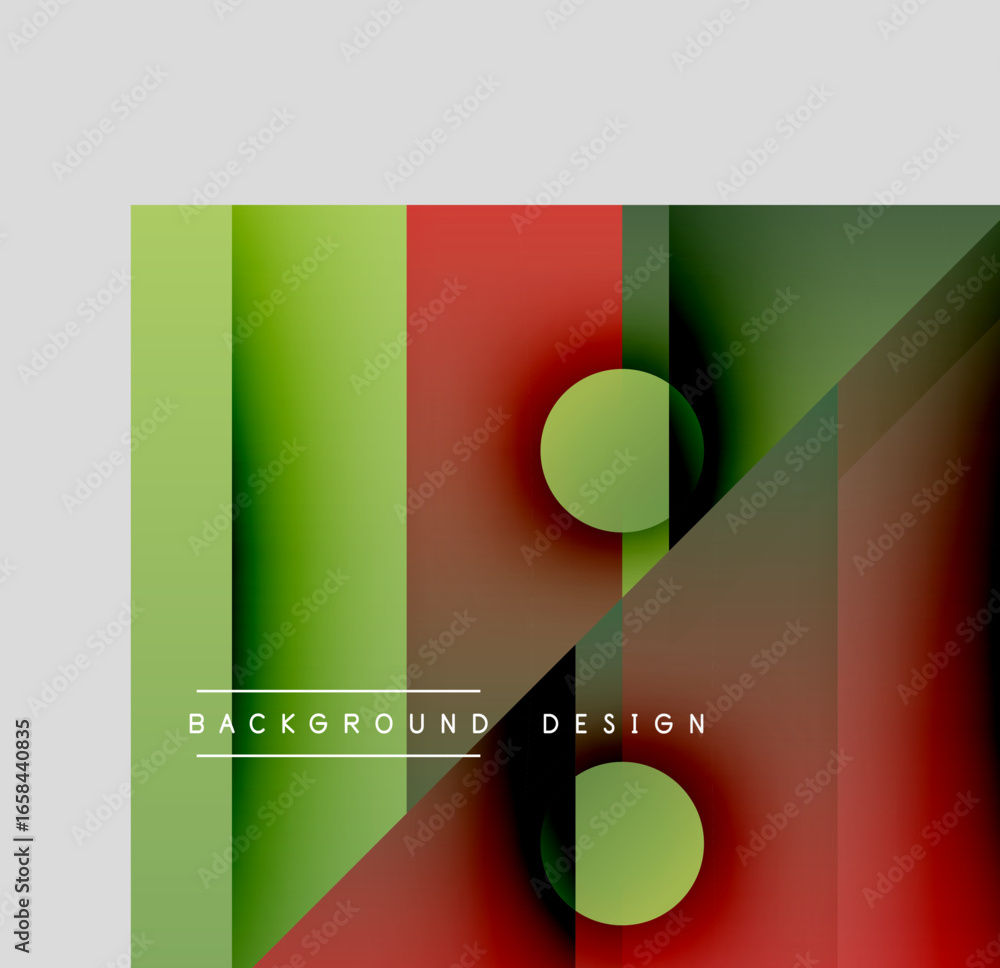Poster abstract geometric design features vibrant green, red hues. overlapping shapes create dynamic visual