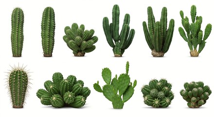 A diverse collection of cacti species are displayed against a plain white background, showcasing the unique shapes and textures.