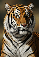 Obraz premium Close-up portrait of a tiger, showcasing intricate details of fur and stripes, with a thoughtful expression and rich golden tones.