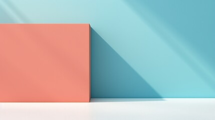 Obraz premium Minimalist Pink Block Against Blue Wall with Shadow in Modern Interior