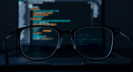 Eyeglasses with code reflection and laptop screen in dark room for programming, cybersecurity and software development focus in tech workspace at night