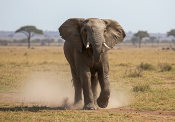 A large African elephant roaming freely in the Serengeti savannah, golden dry grassland with scattered acacia trees, distant hills, clear blue sky with soft clouds, realistic wildlife photography, hig