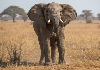 A large African elephant roaming freely in the Serengeti savannah, golden dry grassland with scattered acacia trees, distant hills, clear blue sky with soft clouds, realistic wildlife photography, hig