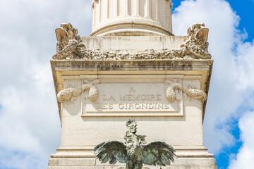 "in memory of the Girondins" engraving on the Monument des Girondins fountain on place des Quinconces square in Bordeaux, France