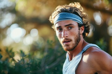 Portrait of young sportsman resting after training outside, wearing a blue headband