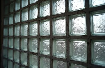 Close-up of glass block window with wooden frames. Light passes through textured glass squares, creating geometric patterns, subtle green hue. Material offers privacy, diffused light for interior