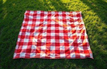 Red and white gingham picnic blanket laid out on vibrant green grass. Traditional checkered tablecloth design perfect for outdoor summer meals or as a decorative backdrop.