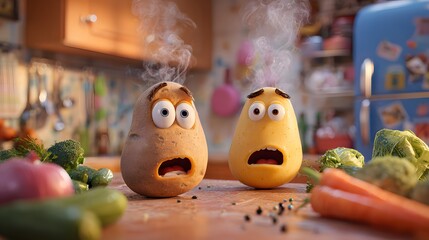 Playful and Imaginative Animated Kitchen Scene with Expressive Potatoes, Rising Steam, and Fresh Vegetables Capturing a Comical Culinary Moment