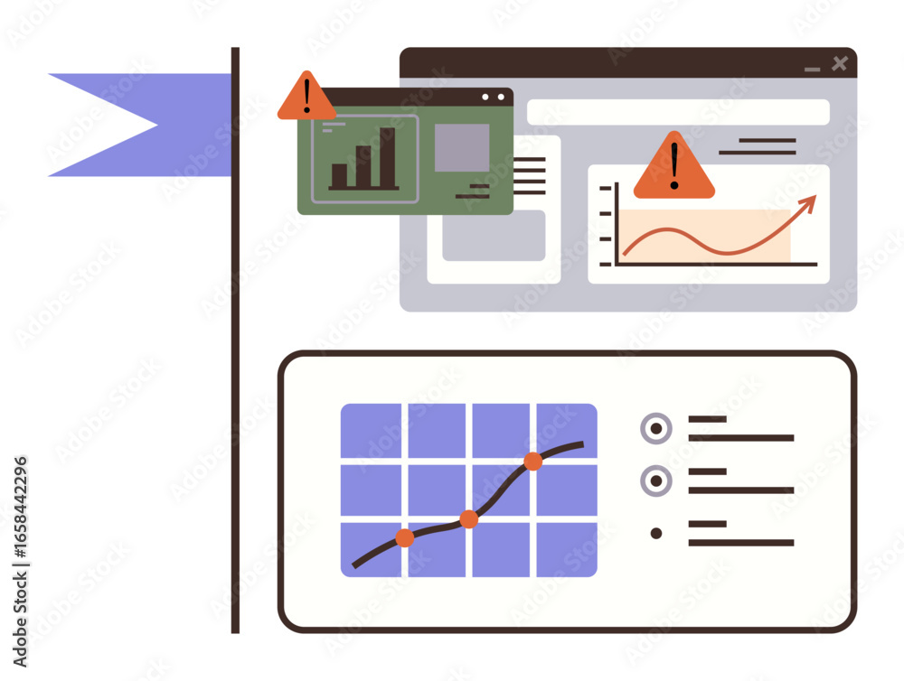 Poster pop-up notifications with warning signs over data dashboards showcasing analytics, bar graphs, line 