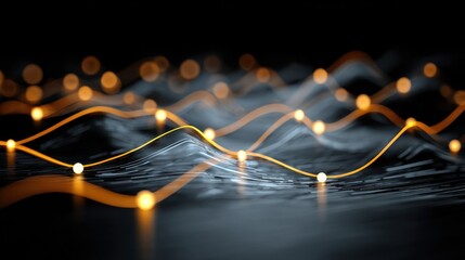 Abstract data visualization, glowing lines and points on dark surface
