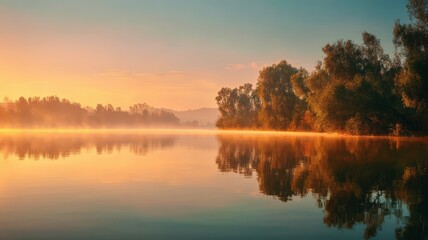Serene sunrise on calm river. AI generated