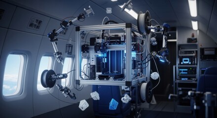 Fototapeta premium Conceptual image of a 3D printer flight rig floating in a zerogravity aircraft cabin demonstrating the integration of manufacturing tools for onorbit production.