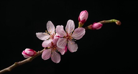 Delicate Cherry Blossom Branch with Buds and Open Flowers on a Black Backdrop.