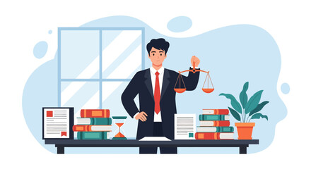 Flat vector illustration of lawyer in office holding scales of justice with legal documents, law books, and hourglass, symbolizing business law, justice system, governance, and legal services