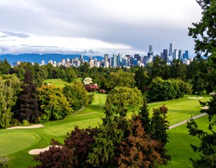 Fototapeta premium Picturesque Golf Course with Vancouver Skyline in the Background during Daytime