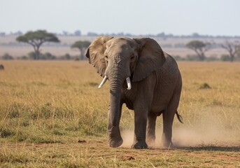 A large African elephant roaming freely in the Serengeti savannah, golden dry grassland with scattered acacia trees, distant hills, clear blue sky with soft clouds, realistic wildlife photography, hig