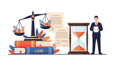 Flat vector illustration of law books, scales of justice, legal document, hourglass, and businessman holding paper, symbolizing law, justice, legal process, corporate governance, and business 