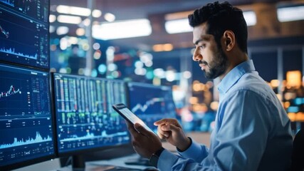 Financial Analyst Monitoring Stock Market Data on Multiple Screens in a Modern Office Environment - Powered by Adobe