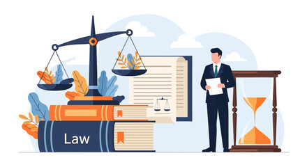 Flat vector illustration of law books, scales of justice, legal document, hourglass, and businessman holding paper, symbolizing law, justice, legal process, corporate governance, and business