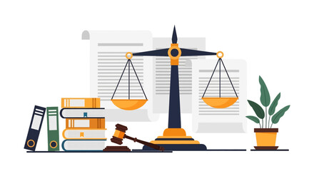 Flat vector illustration of legal concept with scales of justice, gavel, law books, binders, and documents, symbolizing justice system, business law, compliance, regulation, and governance