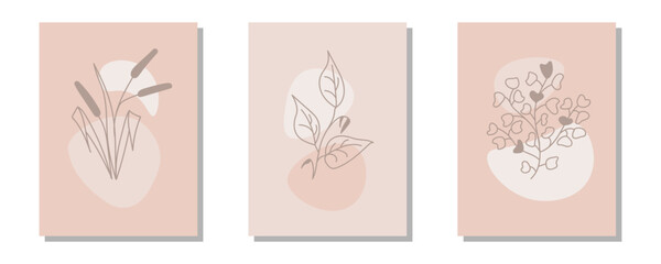 Set of posters with abstract plants and shapes in pastel colors. Element for design of poster, social media, banners, invitation. Trendy element of home or office wall decor.