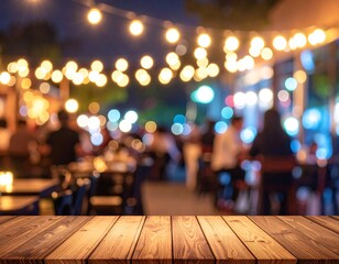 Wooden table outdoors at night, blurred city scene