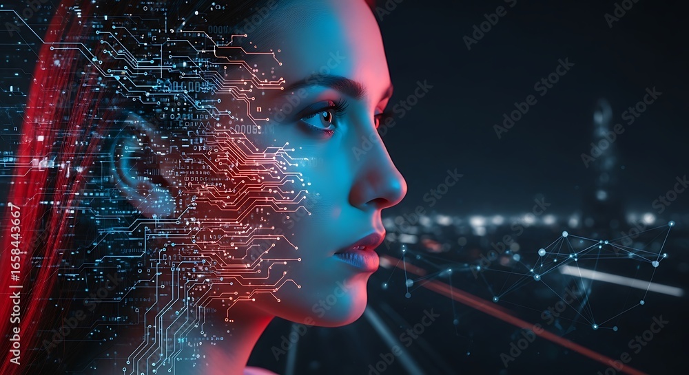 Aufkleber side profile of a woman with glowing digital circuit board patterns, symbolizing artificial intellig