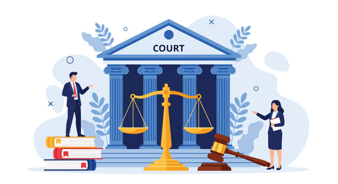 Flat vector illustration of courthouse with scales of justice, gavel, law books, and business professionals, symbolizing corporate law, legal services, business regulation, and governance