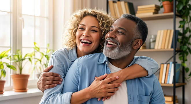 Happy multiracial senior couple embracing and laughing at home
