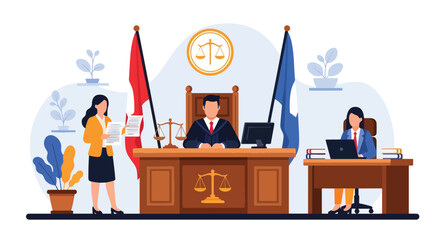 Flat vector illustration of a courtroom scene with judge, lawyer, and secretary, featuring documents, flags, and scales of justice, symbolizing law, corporate governance, business regulation, justice